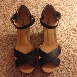 Strappy black cork wedges