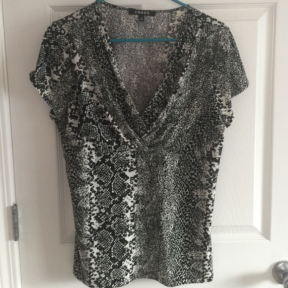 Black and white floral blouse, low neck