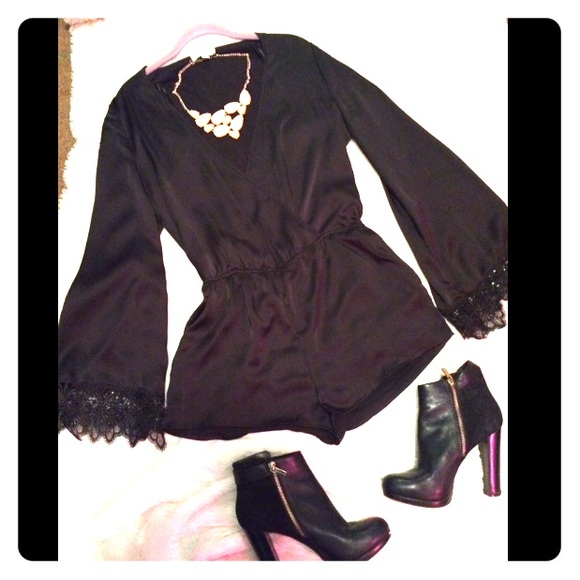 Black silk long sleeve romper