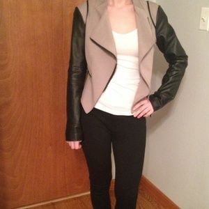 Tan coat with faux leather sleeves