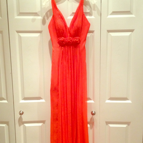 Floor length bright orange formal dress