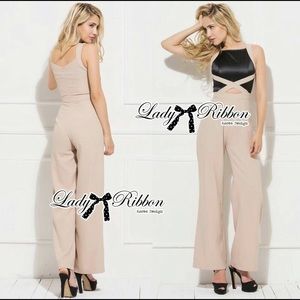 Two tone cut out jumpsuit / beige and black