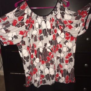 Red, white and black cold shoulder blouse