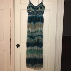 Blue tie-dyed and beaded evening gown