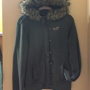 Grey fur hooded Hollister jacket.