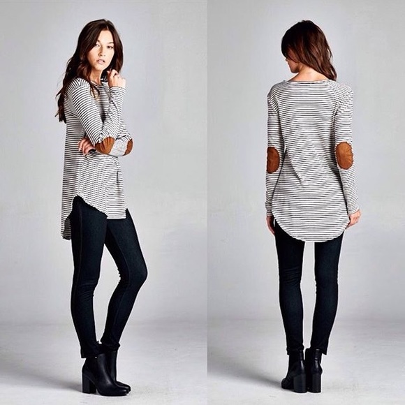 Tops - Basic striped suede elbow patch top