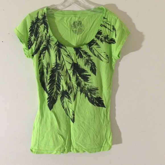 Bright green, short sleeve top with feather detail