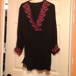 Black silky top with red flowers