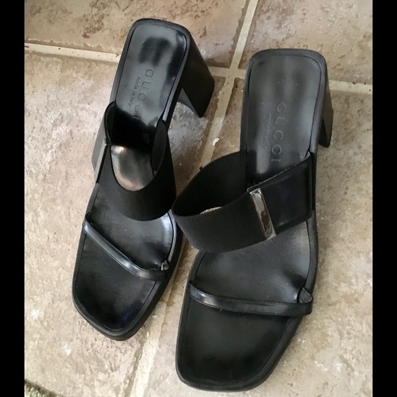 Authentic Gucci Black Leather Double Strap Slip On  Thong Kitten Mule Heels - Picture 3 of 8