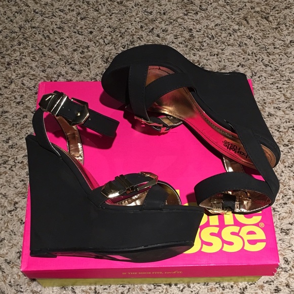 Black Wedge Sandal with Gold Accents