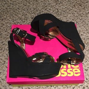 Black Wedge Sandal with Gold Accents