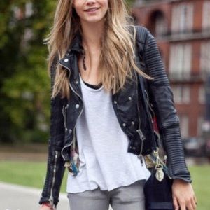 Zara Paneled Ribbed Moto Black Leather Jacket