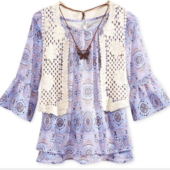 BRAND NEW: 2-Piece Printed Top and Crochet Vest