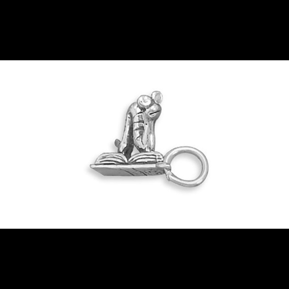 Bookworm on Book Charm Pendant - Sterling Silver