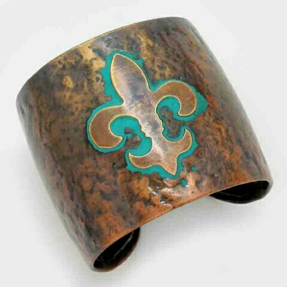 Hammered Wide Metal Fleur de Lis Cuff Bracelet