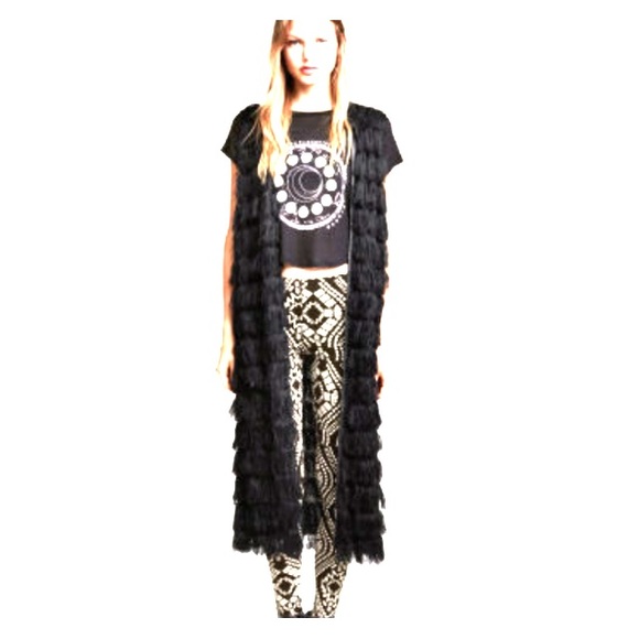 Long Black Sleeveless Vest with Fringe - flapper