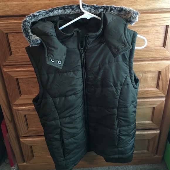 Olive green puffer vest with hood