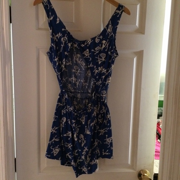 Bright Blue Tribal Print Romper w/ Open Back - Picture 2 of 2