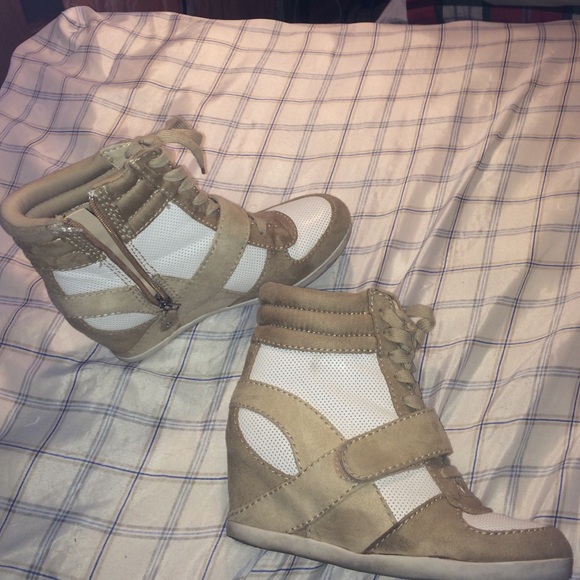 Tan and white hightop wedges