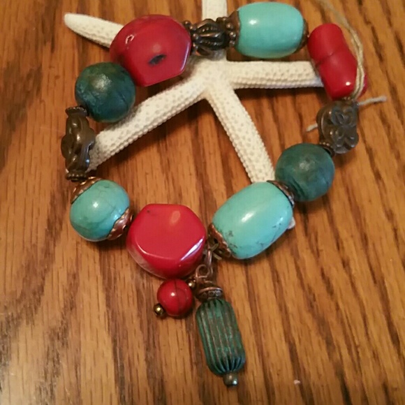 Red Coral,Turquoise,Copper chunky Bracelet