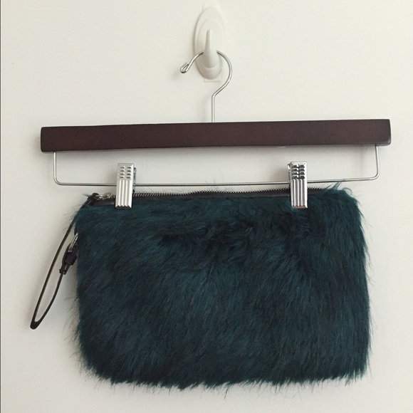 ZARA Faux Fur Zipper Clutch Dark Green/Blue