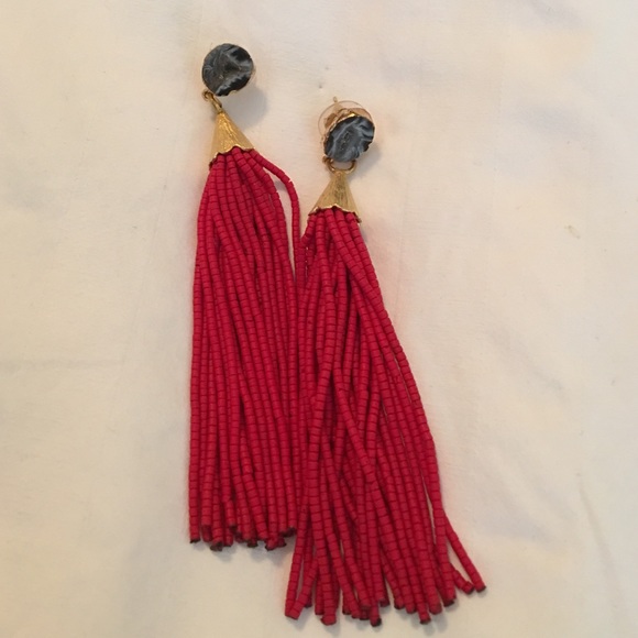 Red tassel earrings with geode post