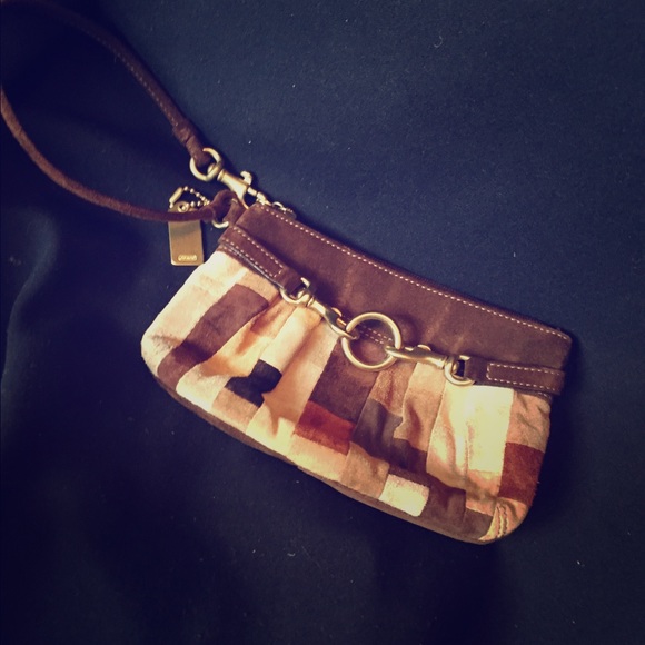 Authentic Coach Brown and tan patchwork wristlet
