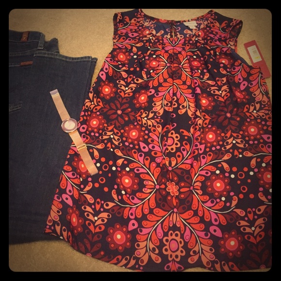 Navy, red, pink sleeveless blouse