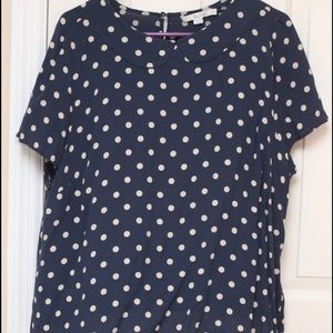 Navy & khaki polka dot blouse. Peter Pan collar.