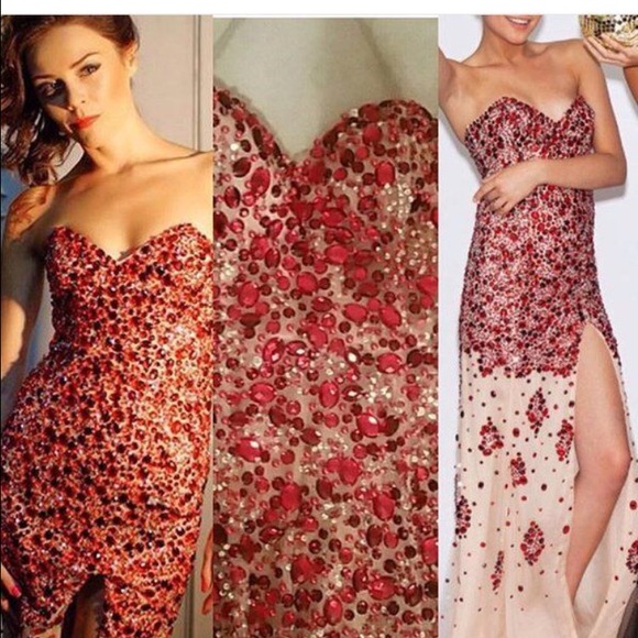 Red beaded Jovani couture prom dress dress gown - Picture 4 of 4