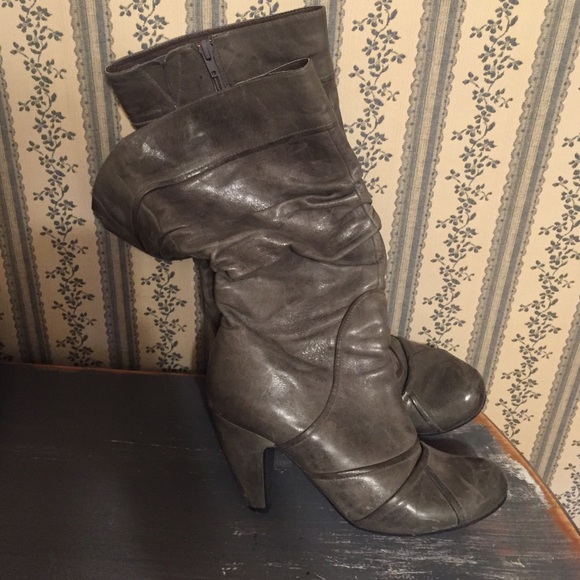 Gray leather Miz Moos heel boot.