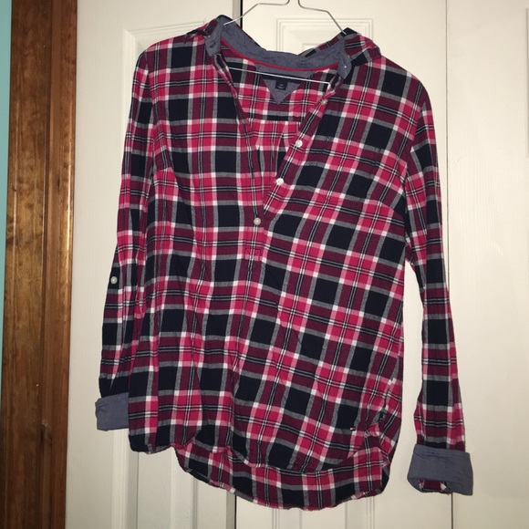 Tommy Hilfiger Plaid Half Button Up Shirt
