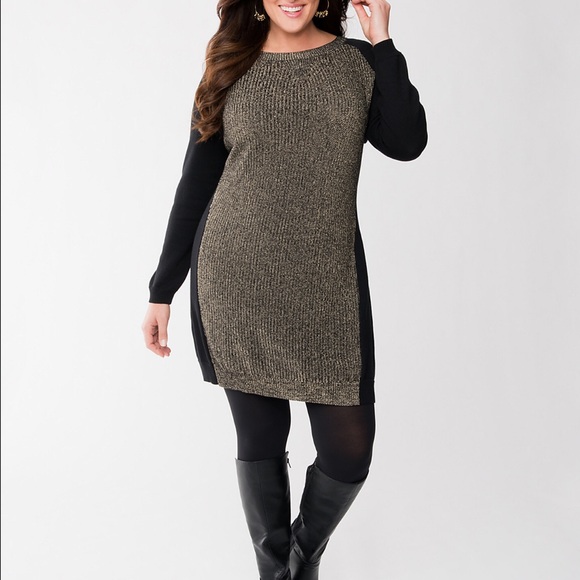 Black and gold color block sweater dress