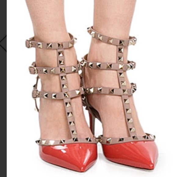 Coral Ankle Strappy Cage Kitten Heels with Studs