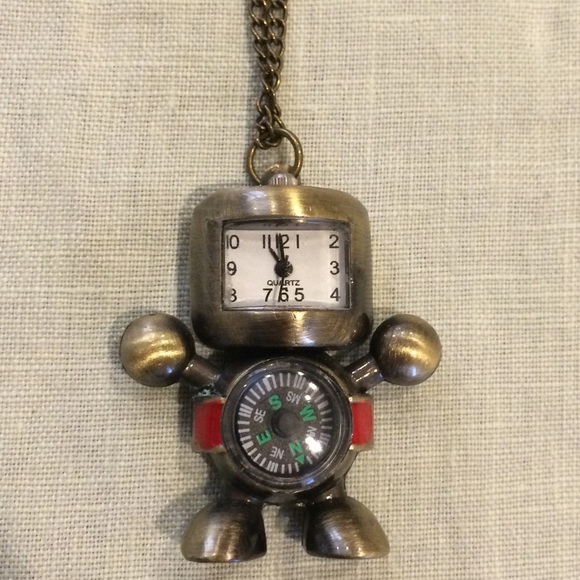 Robot Clock and Compass Necklace