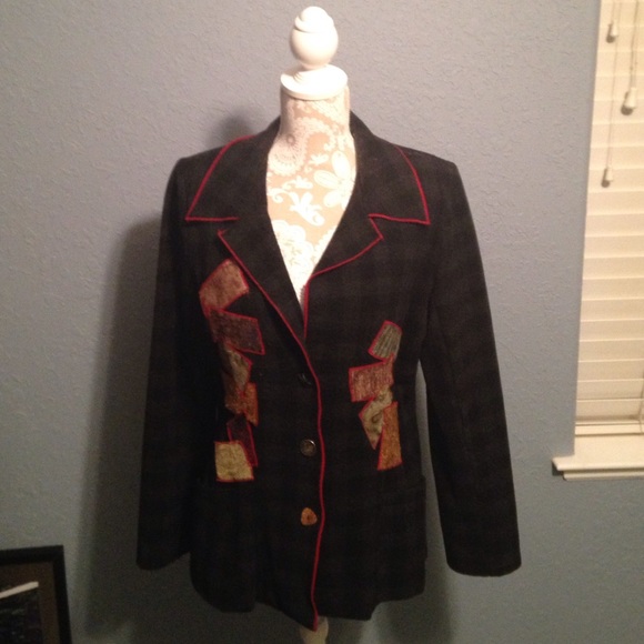 Wool blend jacket with patchwork design.