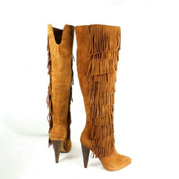 Steve Madden Maraka Tan Suede Fringe Heeled Boots