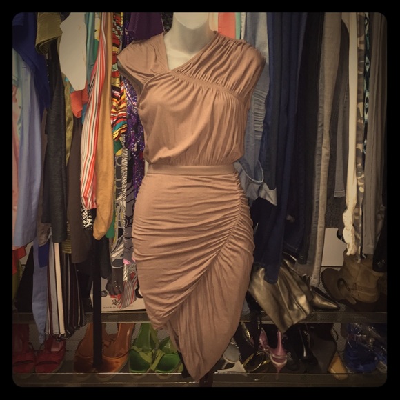 BCBG Taupe/light brown fitted ruched party dress