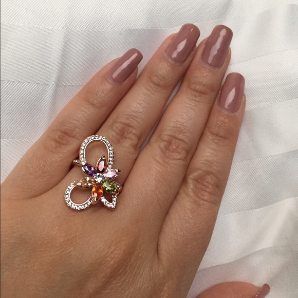 AAA CZ colorful flower on 18Kt plated RG ring