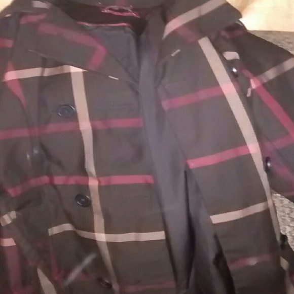 Chocolate brown, plaid pea coat