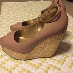 Nude and gold sequin wedges with ankle strap