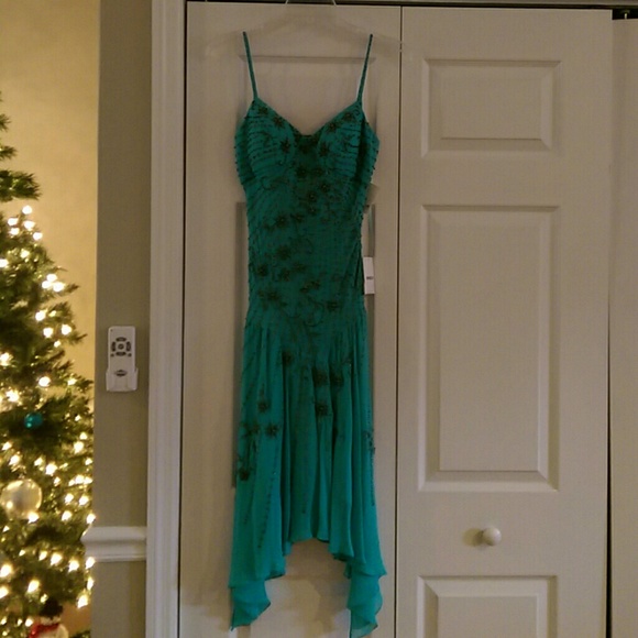 Sue Wong Teal 100% Silk Beaded Cocktail Dress