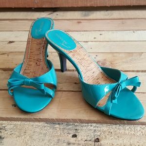 Teal open back kitten heels