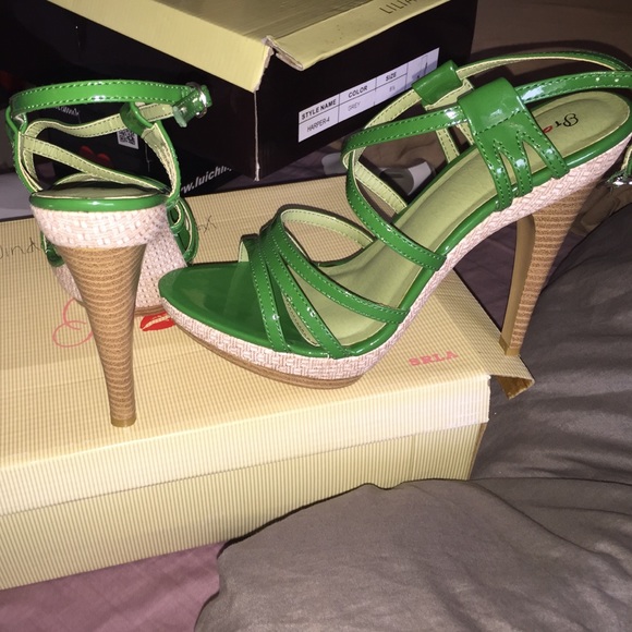 Green heeled sandals.