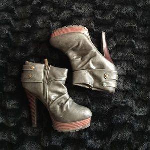 Gray heeled booties