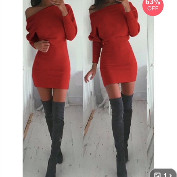Mini dress long sleeve skew neck coral