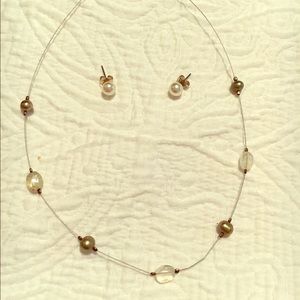 Necklace and pearl earrings