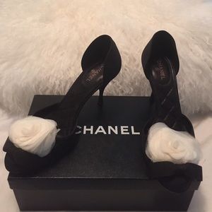 Chanel Black Camellia d'Orsay Evening Pump