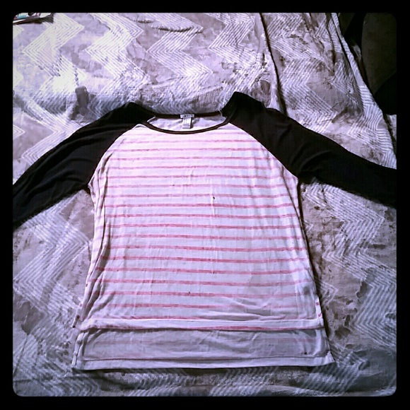 Navy blue, pink, and white striped top