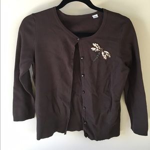 3/4 slv br cardigan w/ dragonfly embellishment